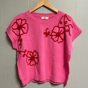NWT Entro Pink and Red Floral Women's Sweater Short Sleeve Large Super Cute!